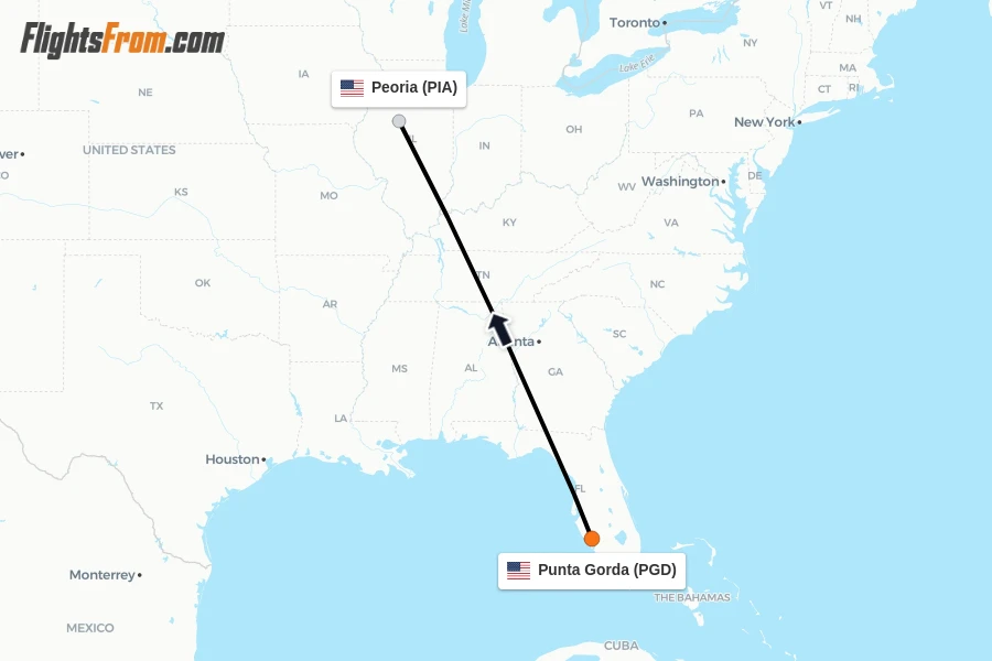 Flights from Punta Gorda to Peoria route map