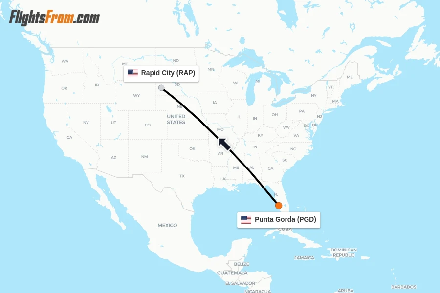 Flights from Punta Gorda to Rapid City route map