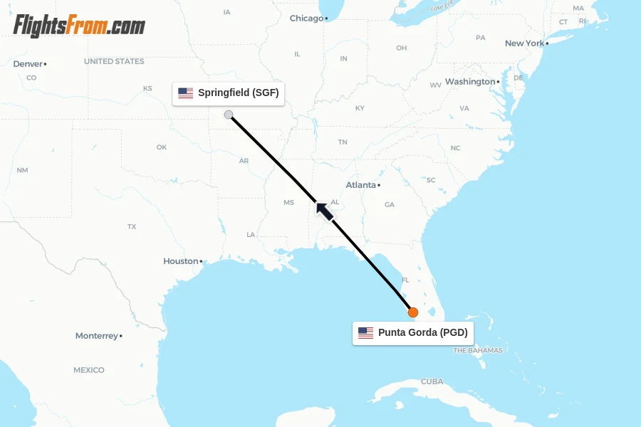 Flights from Punta Gorda to Springfield route map