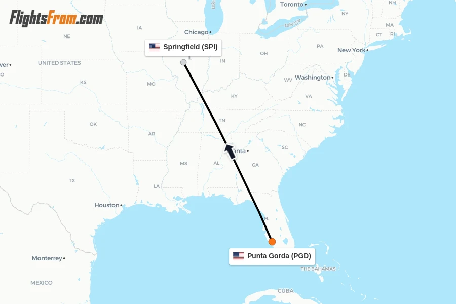 Flights from Punta Gorda to Springfield route map