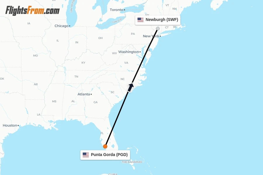 Flights from Punta Gorda to Newburgh route map