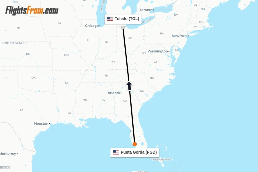 Flights from Punta Gorda to Toledo route map