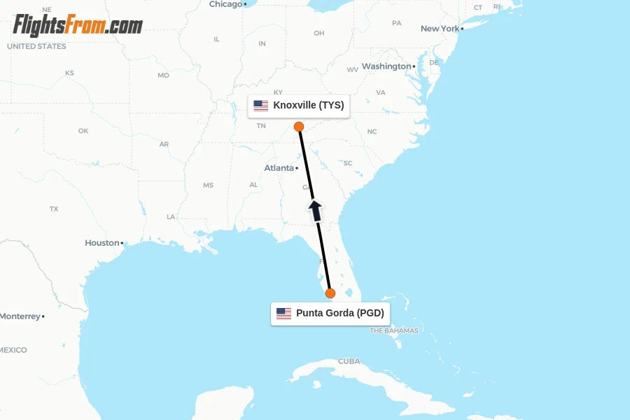 Flights from Punta Gorda to Knoxville route map