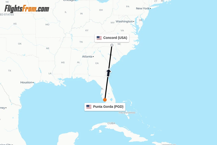Flights from Punta Gorda to Concord route map