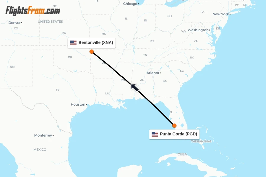 Flights from Punta Gorda to Bentonville route map