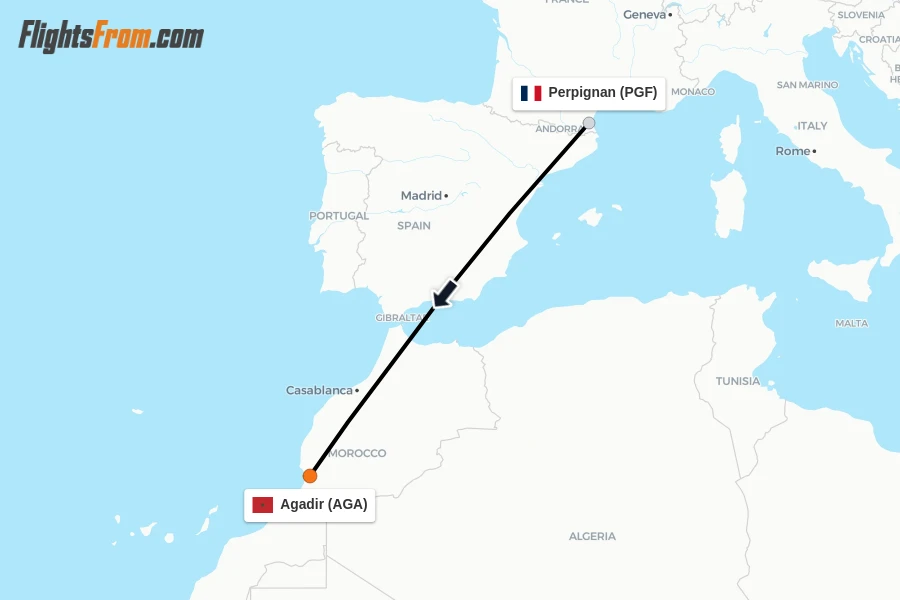 Flights from Perpignan to Agadir route map