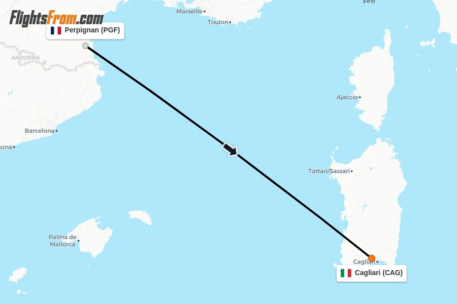Flights from Perpignan to Cagliari route map