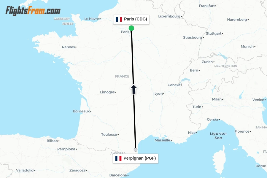 Flights from Perpignan to Paris route map