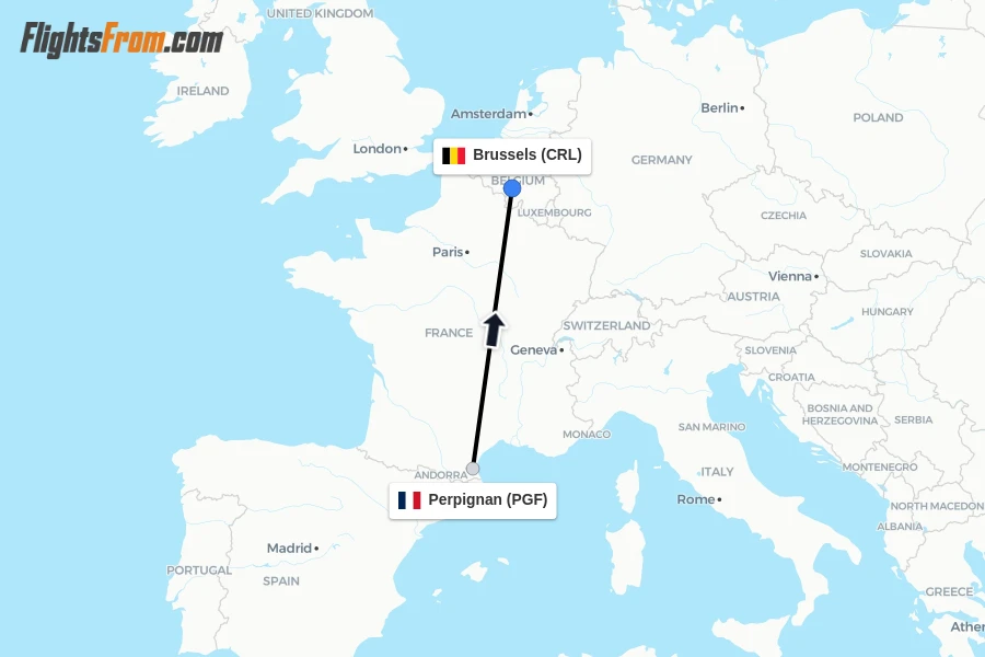 Flights from Perpignan to Brussels route map