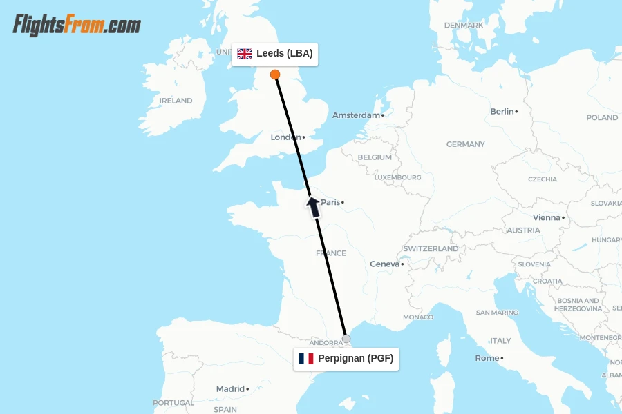 Flights from Perpignan to Leeds route map