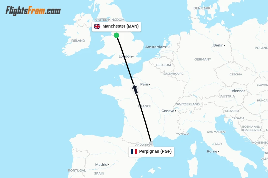 Flights from Perpignan to Manchester route map