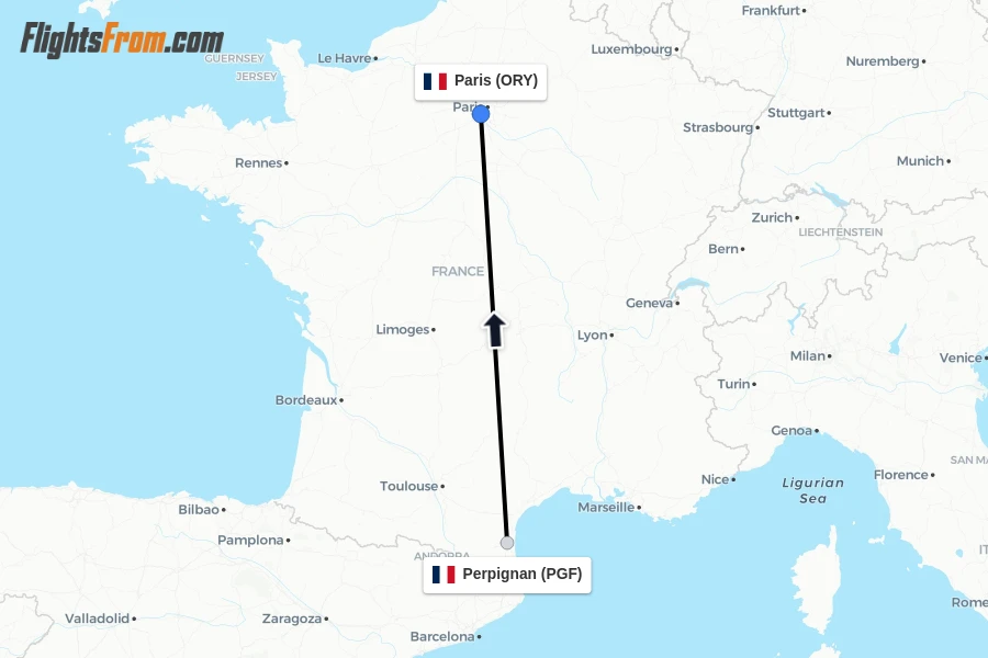 Flights from Perpignan to Paris route map