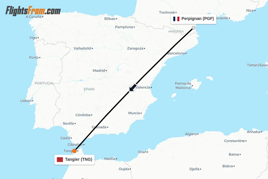 Flights from Perpignan to Tangier route map