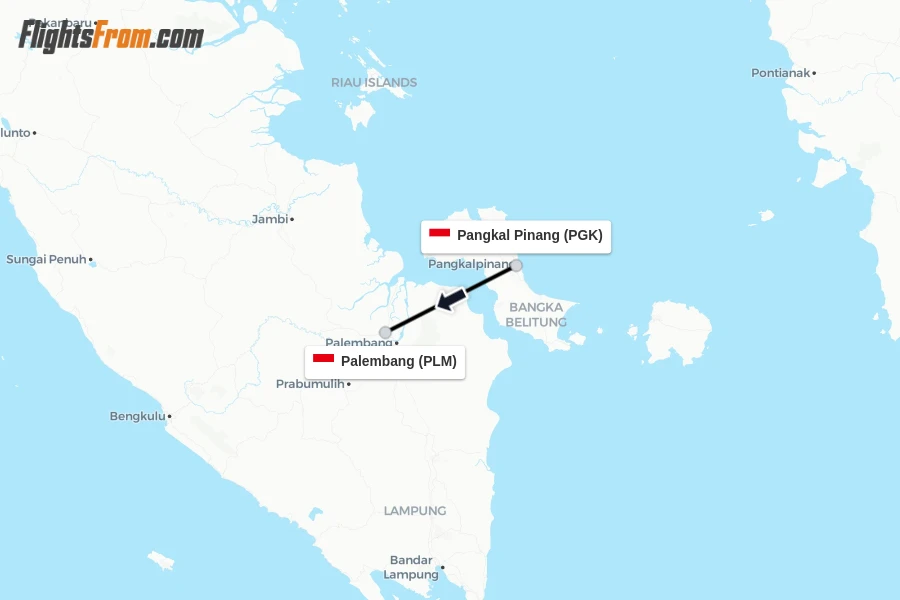 Flights from Pangkal Pinang to Palembang route map
