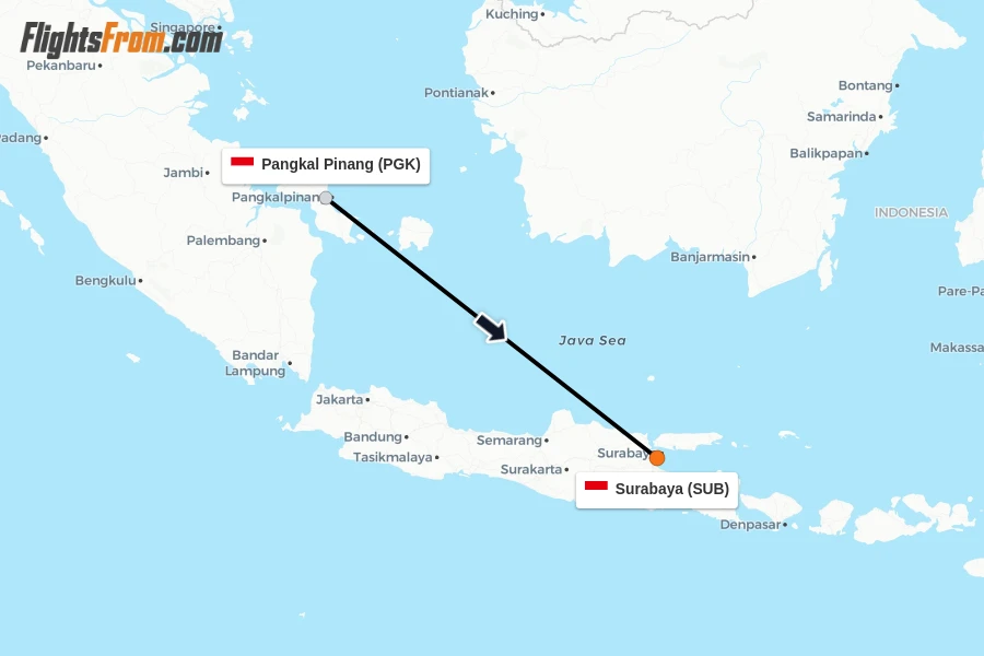 Flights from Pangkal Pinang to Surabaya route map
