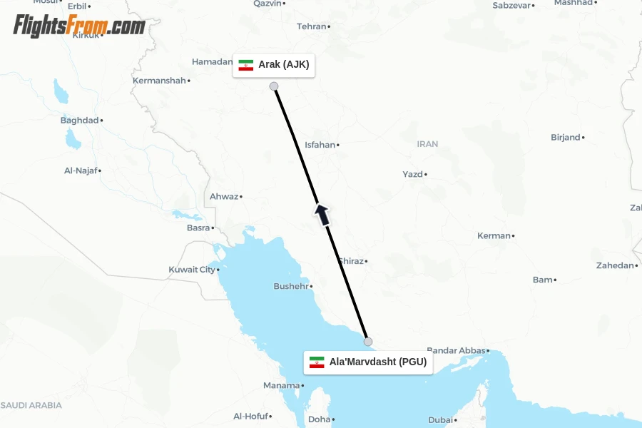 Flights from Ala'Marvdasht to Arak route map