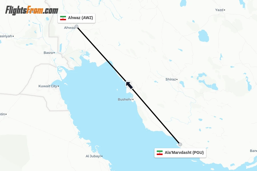 Flights from Ala'Marvdasht to Ahwaz route map