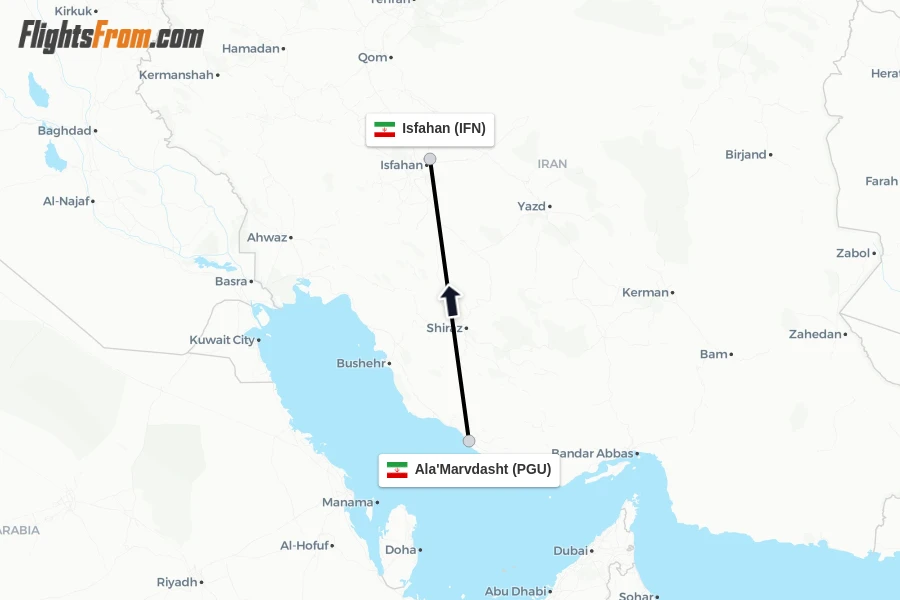 Flights from Ala'Marvdasht to Isfahan route map