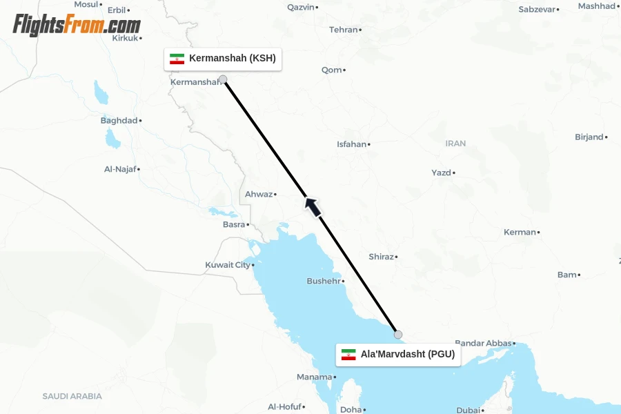 Flights from Ala'Marvdasht to Kermanshah route map