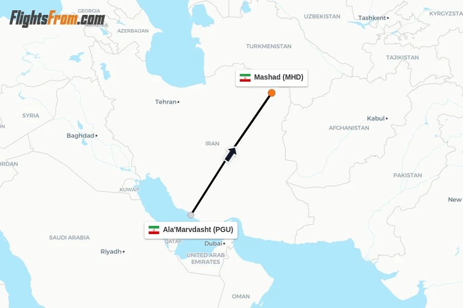 Flights from Ala'Marvdasht to Mashad route map