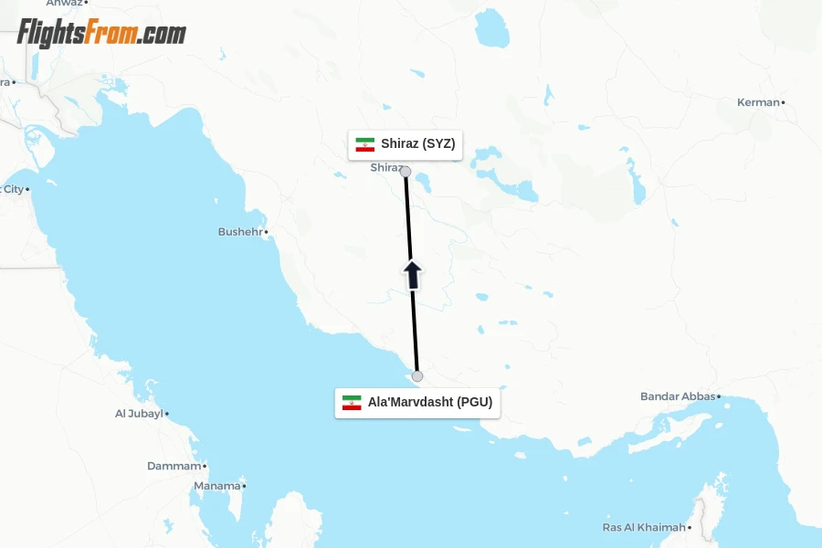 Flights from Ala'Marvdasht to Shiraz route map