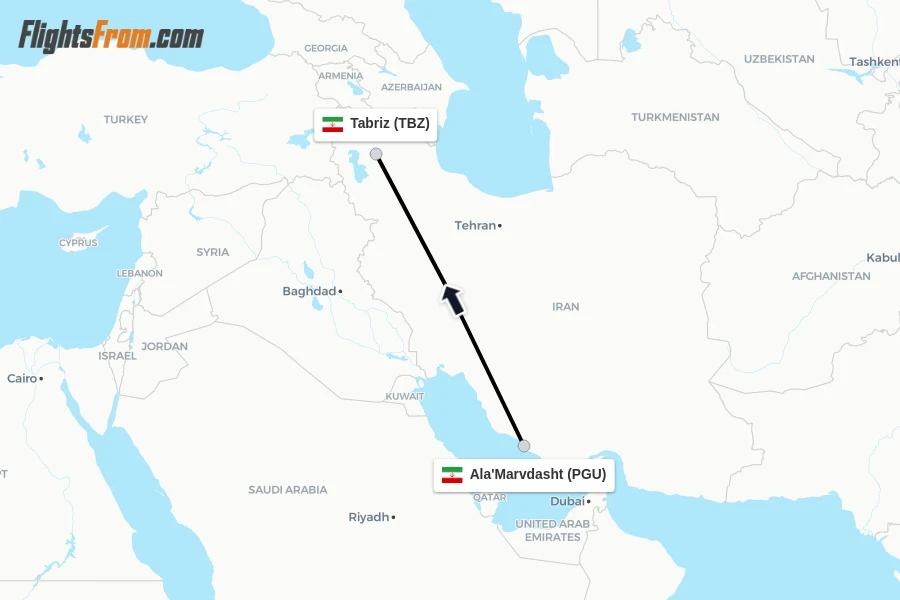 Flights from Ala'Marvdasht to Tabriz route map