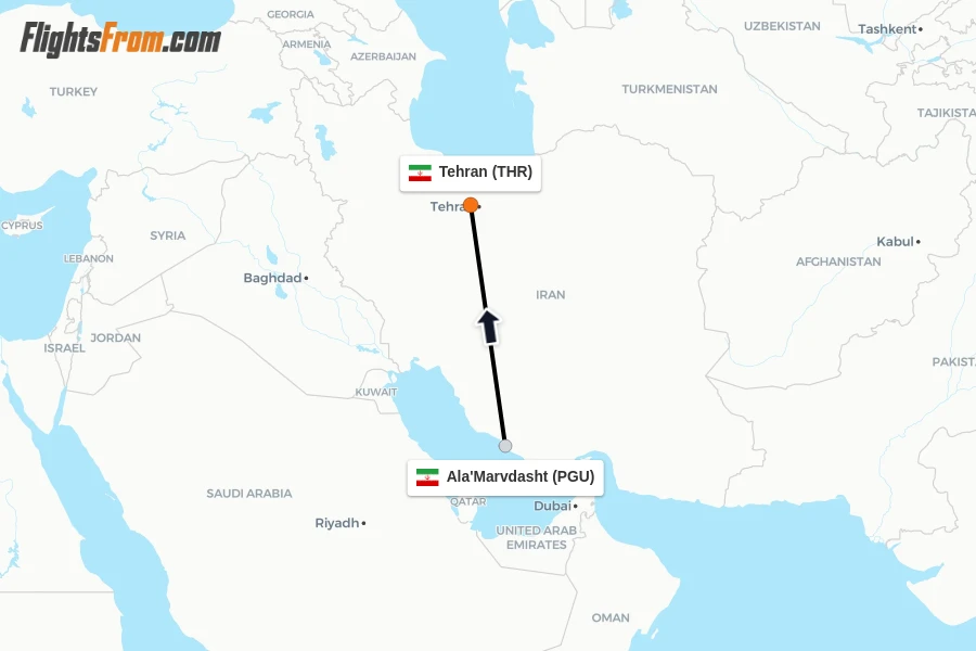 Flights from Ala'Marvdasht to Tehran route map