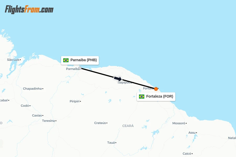Flights from Parnaiba to Fortaleza route map