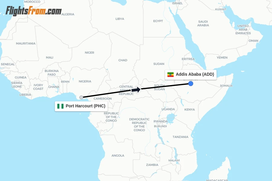 Flights from Port Harcourt to Addis Ababa route map