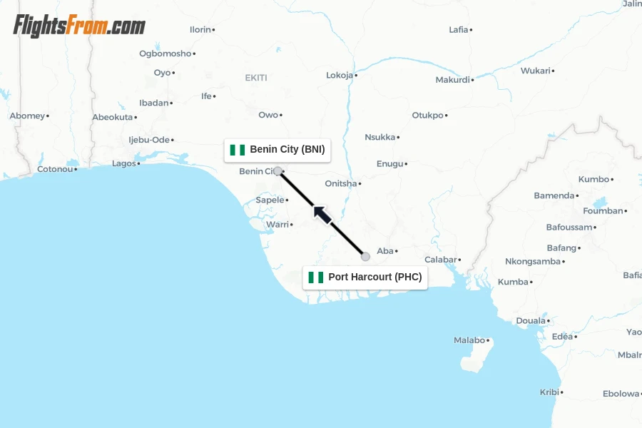 Flights from Port Harcourt to Benin City route map