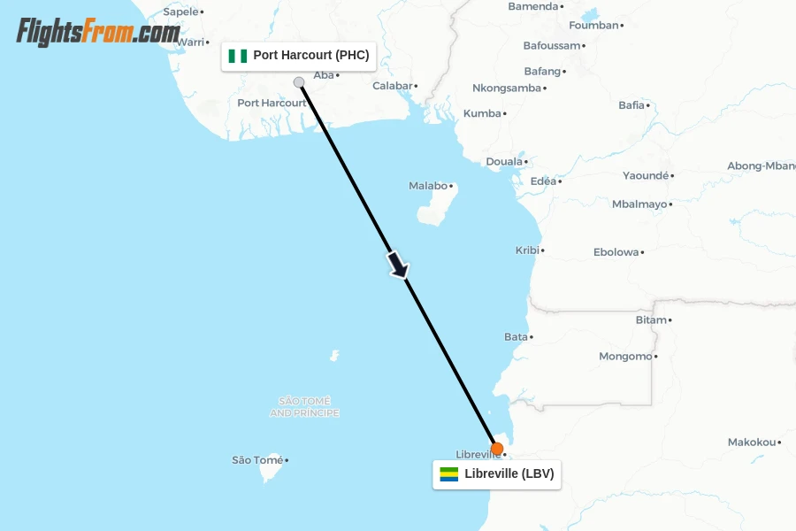 Flights from Port Harcourt to Libreville route map