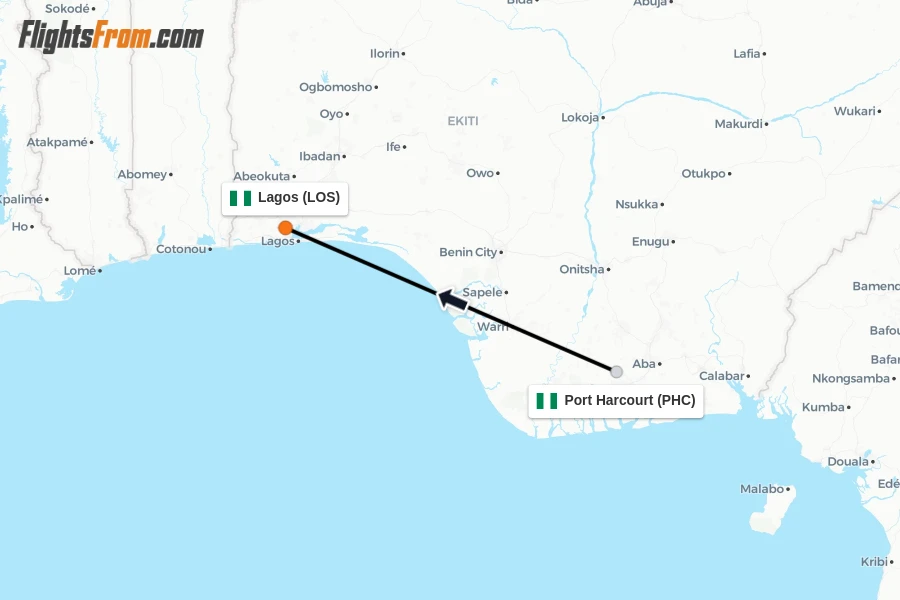 Flights from Port Harcourt to Lagos route map