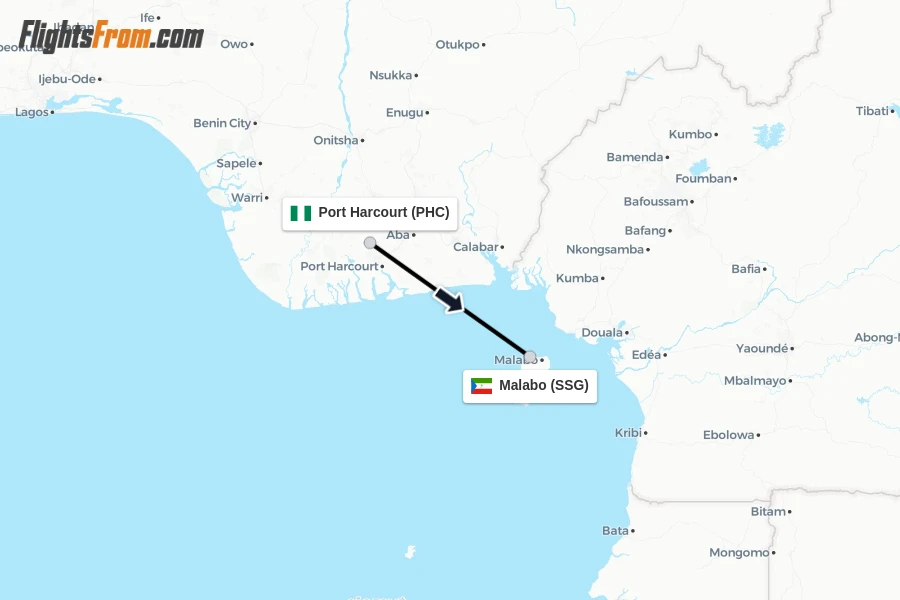 Flights from Port Harcourt to Malabo route map