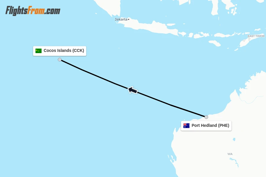 Flights from Port Hedland to Cocos Islands route map