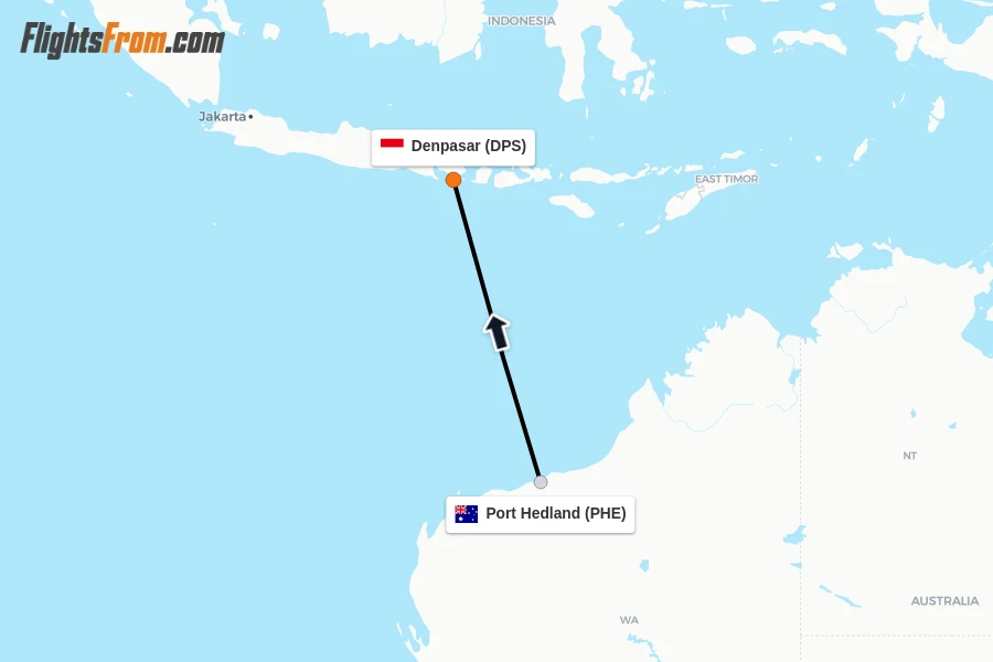 Flights from Port Hedland to Denpasar route map