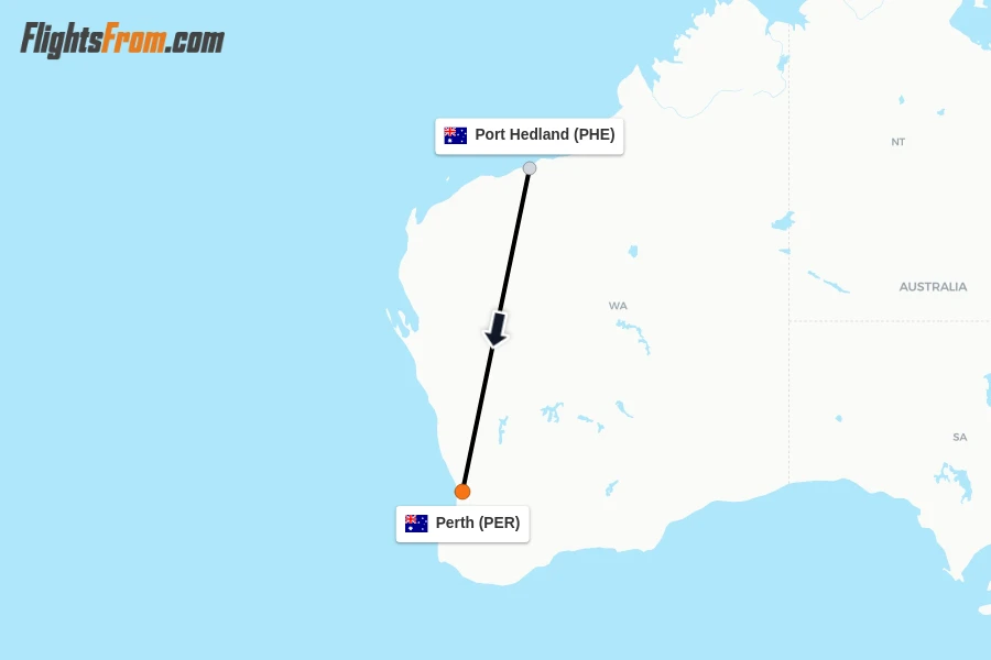 Flights from Port Hedland to Perth route map