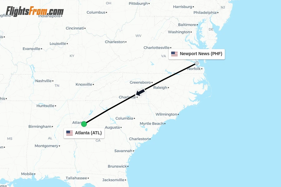 Flights from Newport News to Atlanta route map