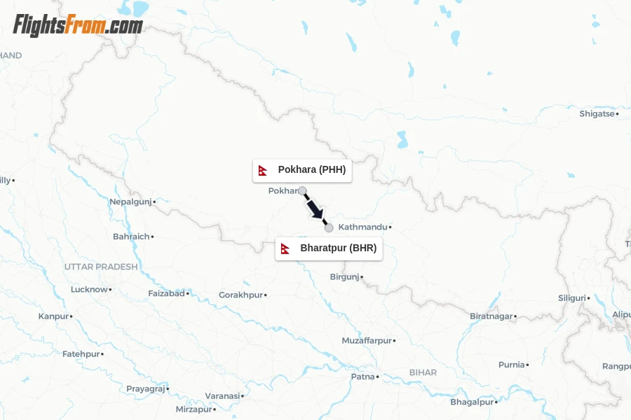 Flights from Pokhara to Bharatpur route map