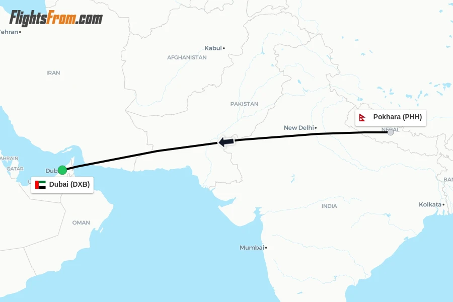 Flights from Pokhara to Dubai route map
