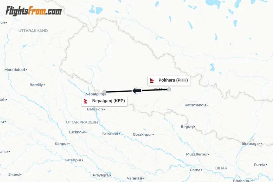 Flights from Pokhara to Nepalganj route map