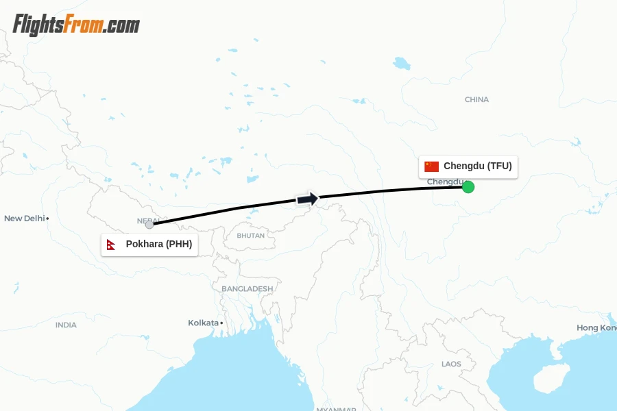 Flights from Pokhara to Chengdu route map