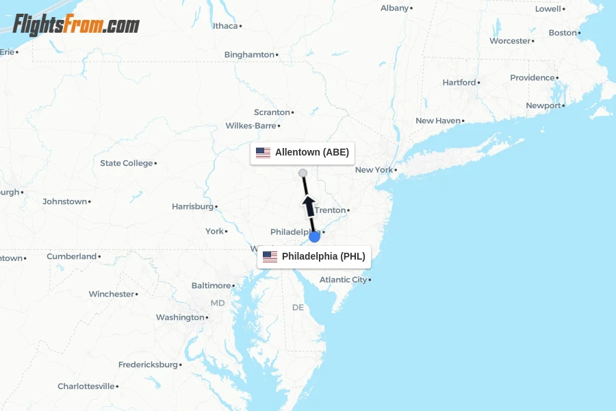 Flights from Philadelphia to Allentown route map