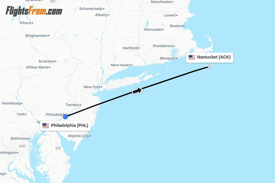 Flights from Philadelphia to Nantucket route map