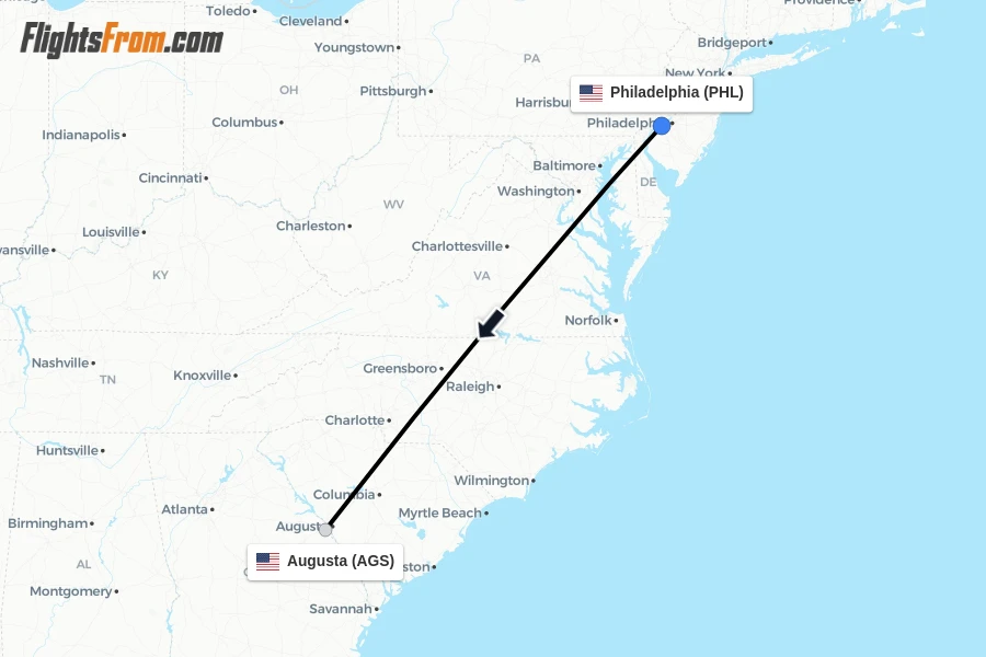 Flights from Philadelphia to Augusta route map