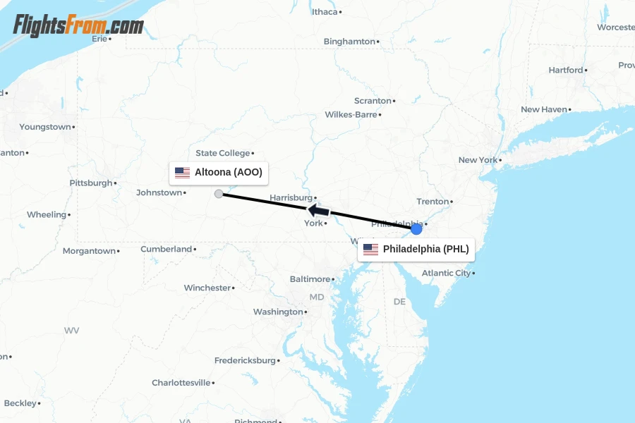 Flights from Philadelphia to Altoona route map
