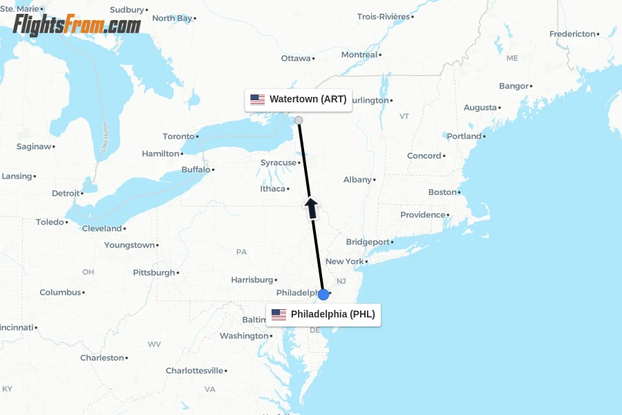 Flights from Philadelphia to Watertown route map
