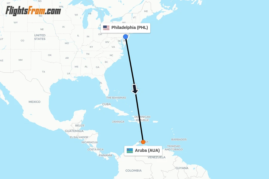 Flights from Philadelphia to Aruba route map