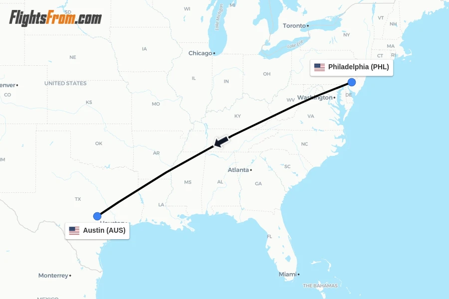 Flights from Philadelphia to Austin route map