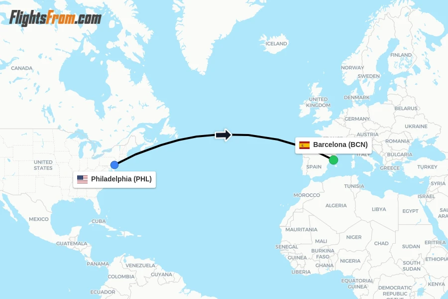 Flights from Philadelphia to Barcelona route map