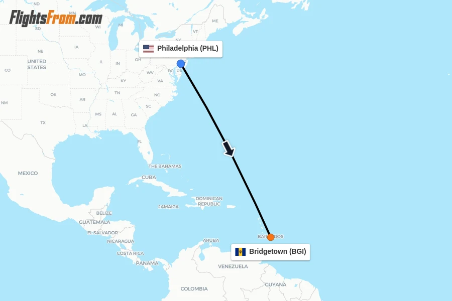 Flights from Philadelphia to Bridgetown route map